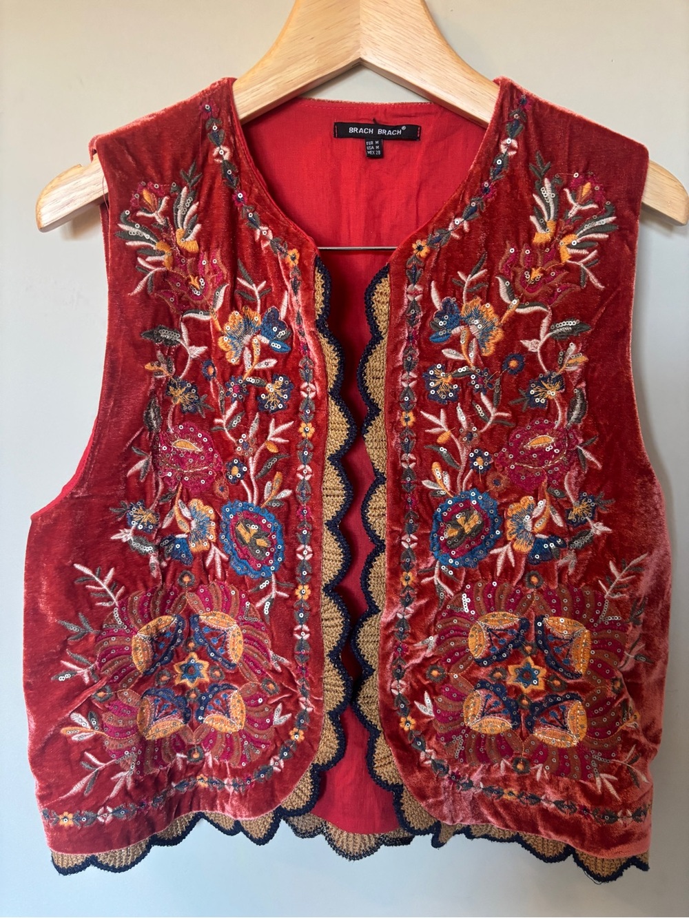 Red Embroidered Velvet Vest